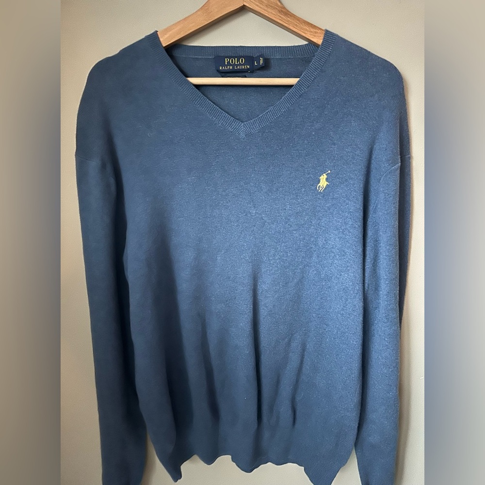 Polo Ralph Lauren Pima Cotton V-Neck Sweater Men's Size L Blue Yellow Pony - Picture 6 of 8